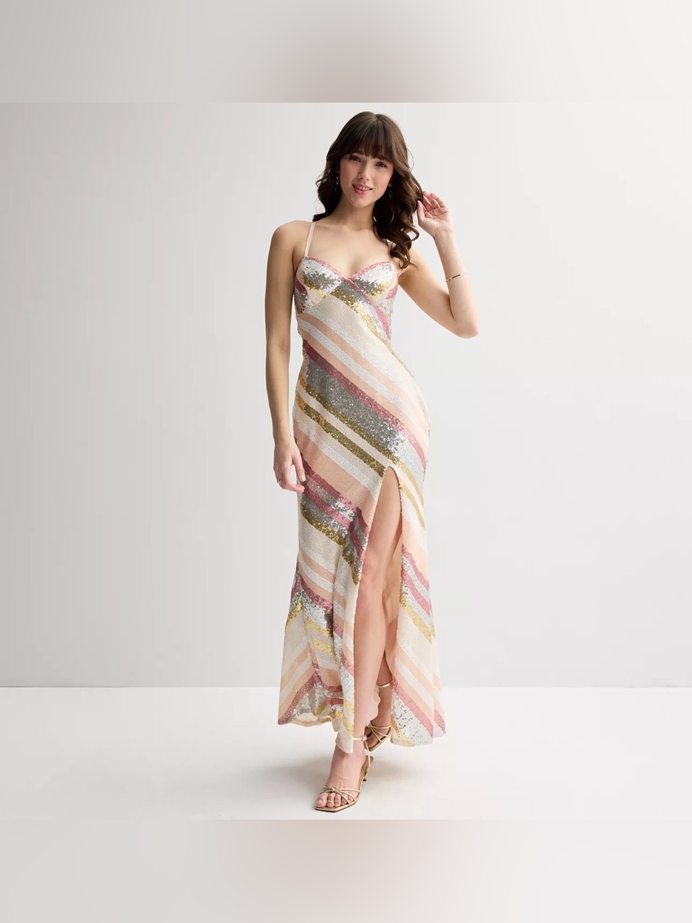 Juniors' Violet Weekend Stripe Sequin Lace Up Back Gown